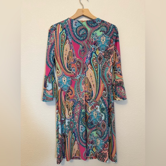 Tommy Hilfiger Size 4 Paisley Stretch Shift Dress 3/4 Bell Sleeve Retro Boho - Picture 2 of 4